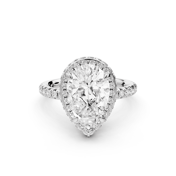 Amelie - 2ct 18k white gold pear Diamond with Rollover Halo and Pavé Engagement Ring - Mr. Alex Jewelry