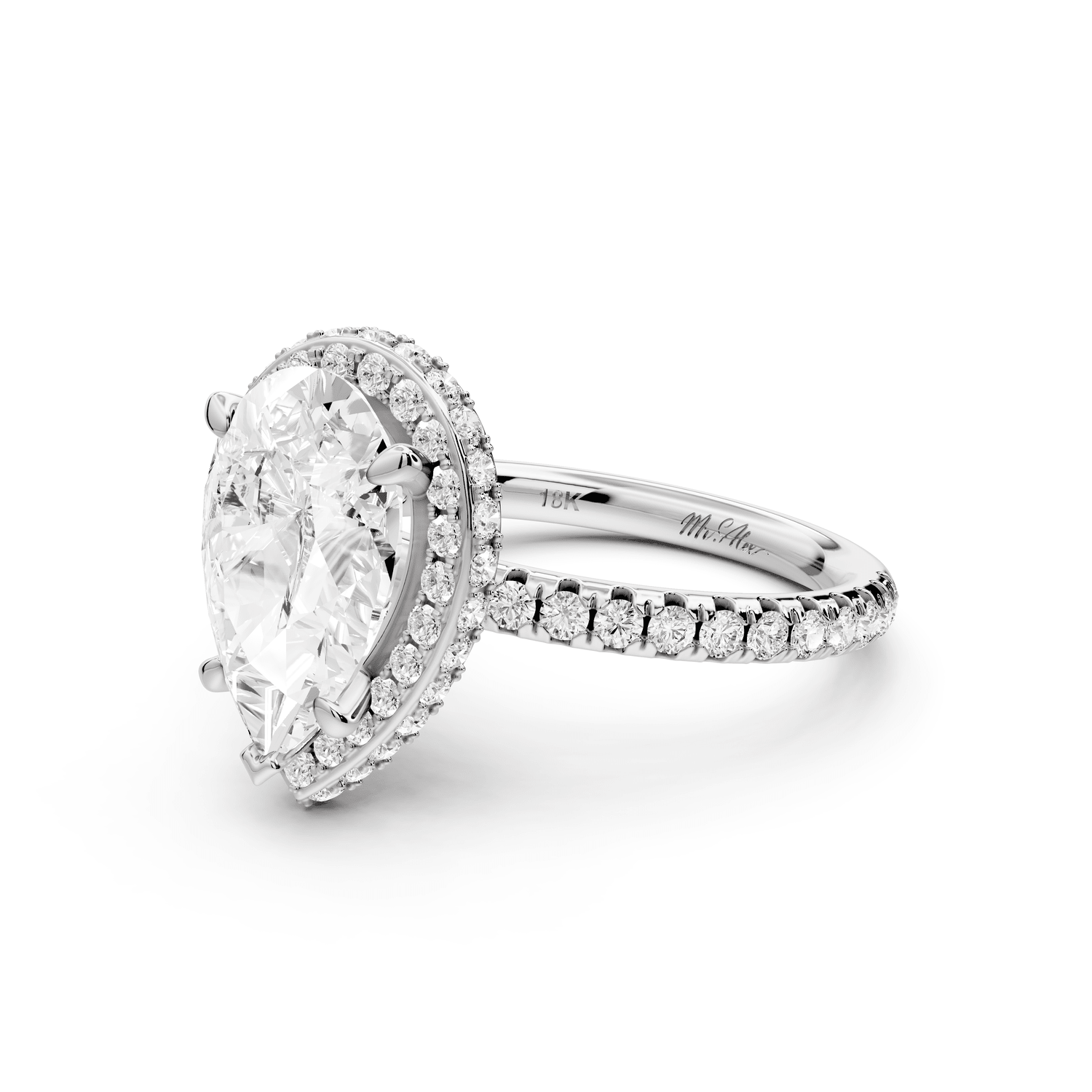 Amelie - 2ct 18k white gold pear Diamond with Rollover Halo and Pavé Engagement Ring - Mr. Alex Jewelry