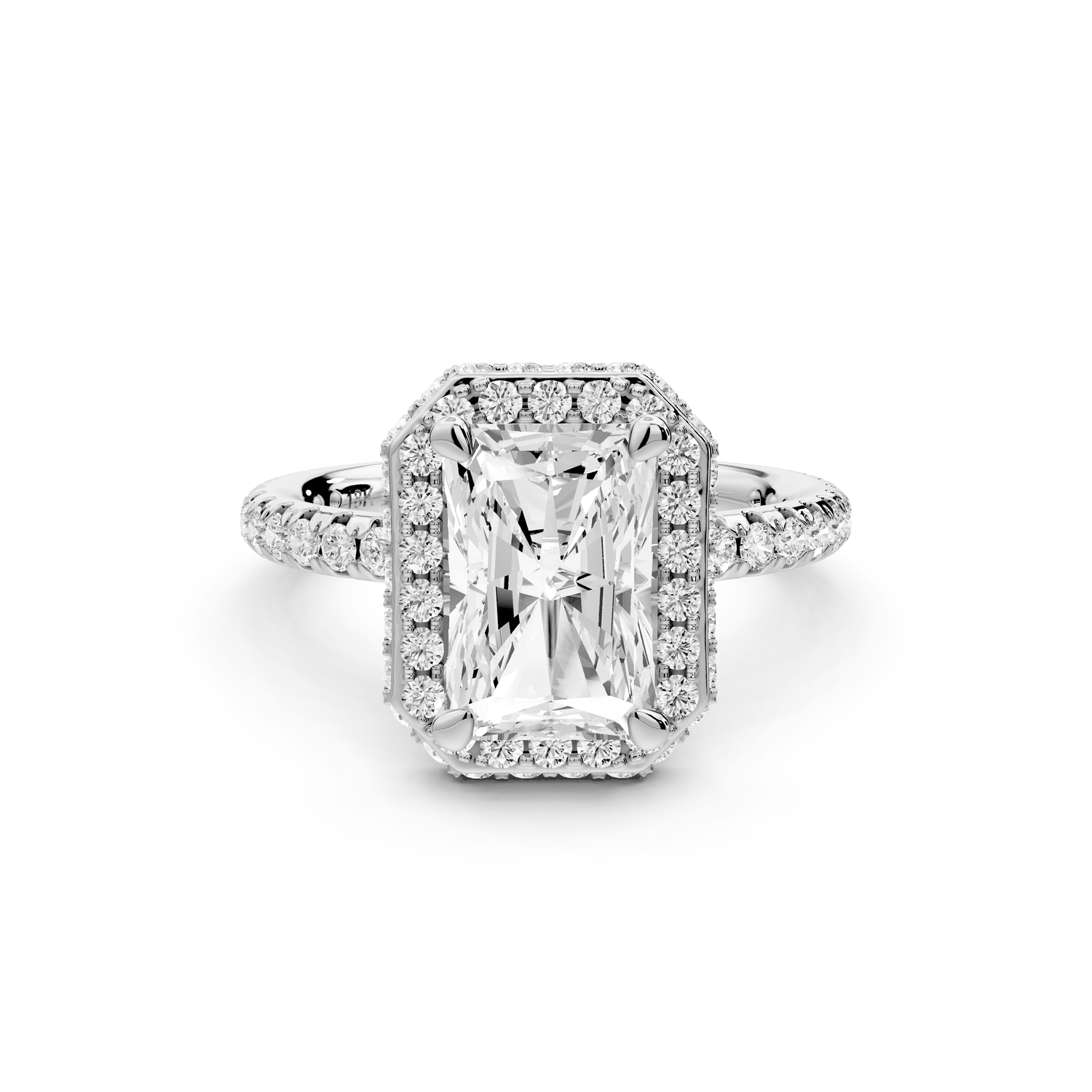 Amelie - 2ct 18k white gold radiant Diamond with Rollover Halo and Pavé engagement Ring - Mr. Alex Jewelry