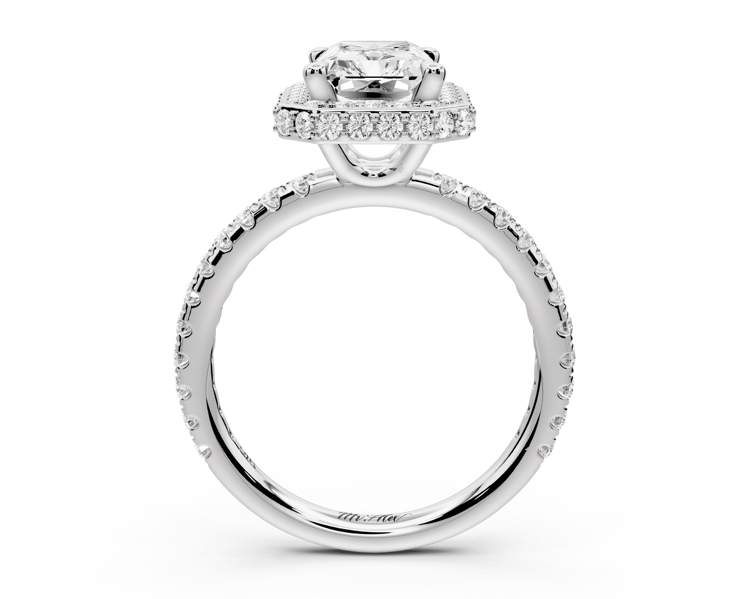 Amelie - 2ct 18k white gold radiant Diamond with Rollover Halo and Pavé engagement Ring - Mr. Alex Jewelry