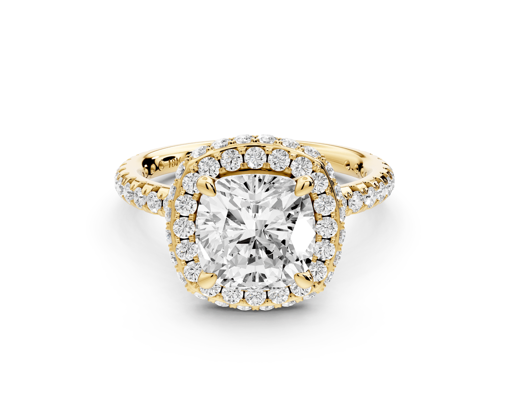 Amelie - 2ct 18k yellow gold cushion Diamond with Rollover Halo and Pavé engagement Ring - Mr. Alex Jewelry