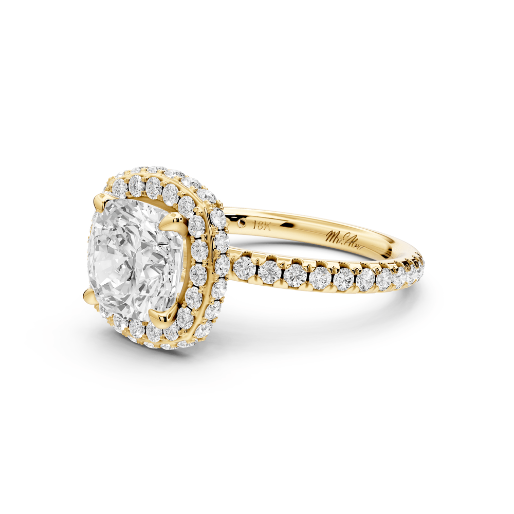 Amelie - 2ct 18k yellow gold cushion Diamond with Rollover Halo and Pavé engagement Ring - Mr. Alex Jewelry