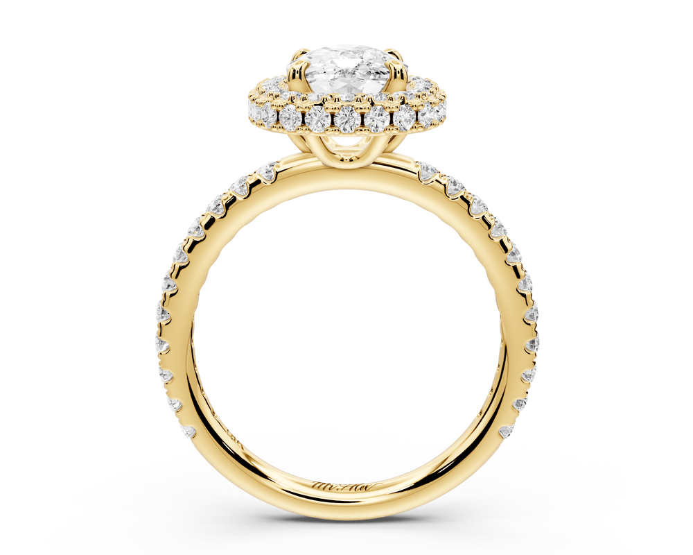 Amelie - 2ct 18k yellow gold ecushion Diamond with Rollover Halo and Pavé engagement Ring - Mr. Alex Jewelry