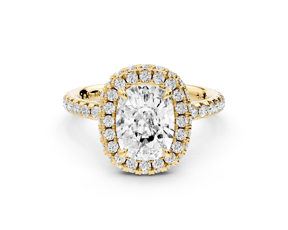 Amelie - 2ct 18k yellow gold ecushion Diamond with Rollover Halo and Pavé engagement Ring - Mr. Alex Jewelry