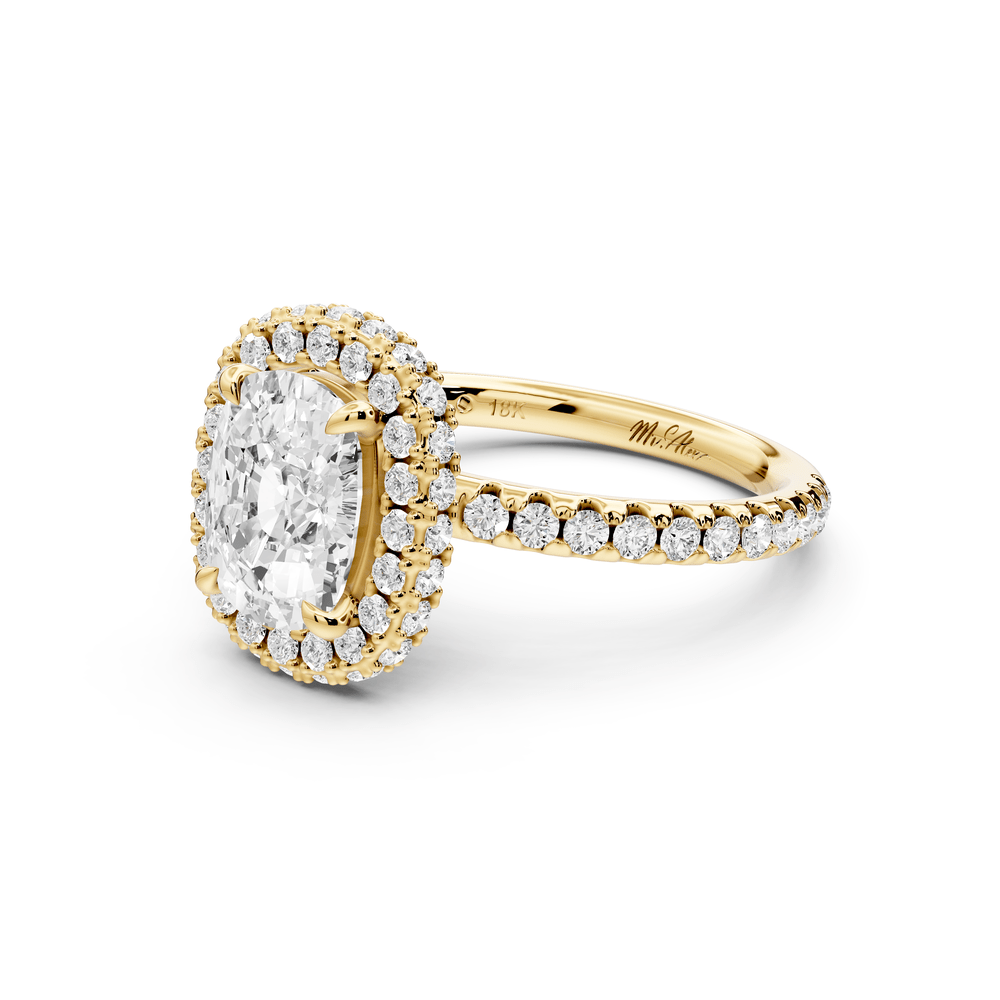 Amelie - 2ct 18k yellow gold ecushion Diamond with Rollover Halo and Pavé engagement Ring - Mr. Alex Jewelry