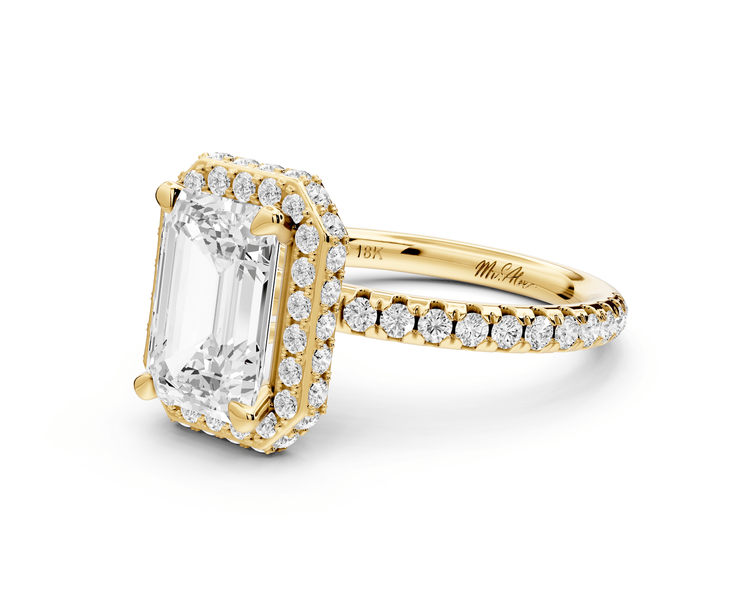 Amelie - 2ct 18k yellow gold emerald Diamond with Rollover Halo and Pavé Engagement Ring - Mr. Alex Jewelry