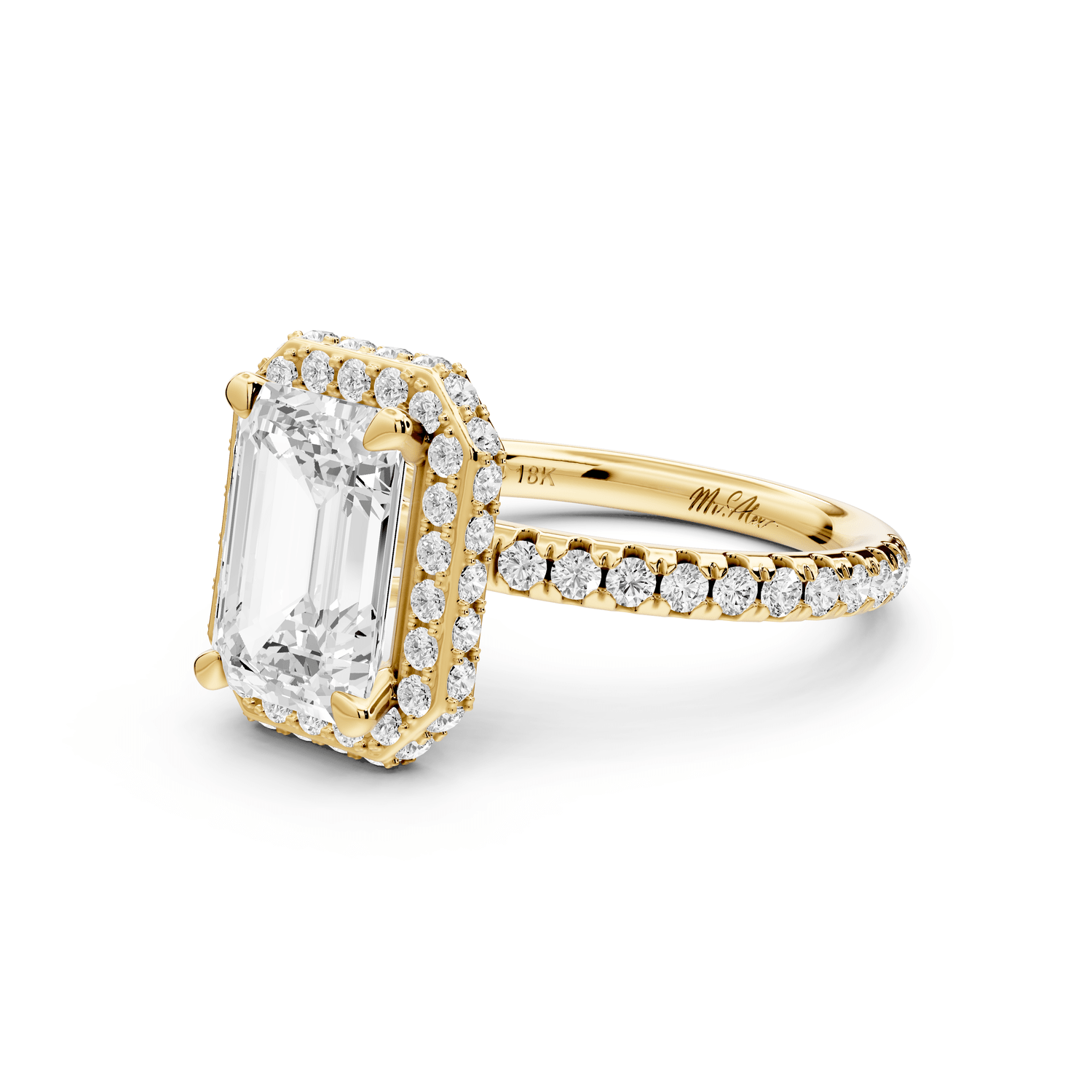Amelie - 2ct 18k yellow gold emerald Diamond with Rollover Halo and Pavé Engagement Ring - Mr. Alex Jewelry