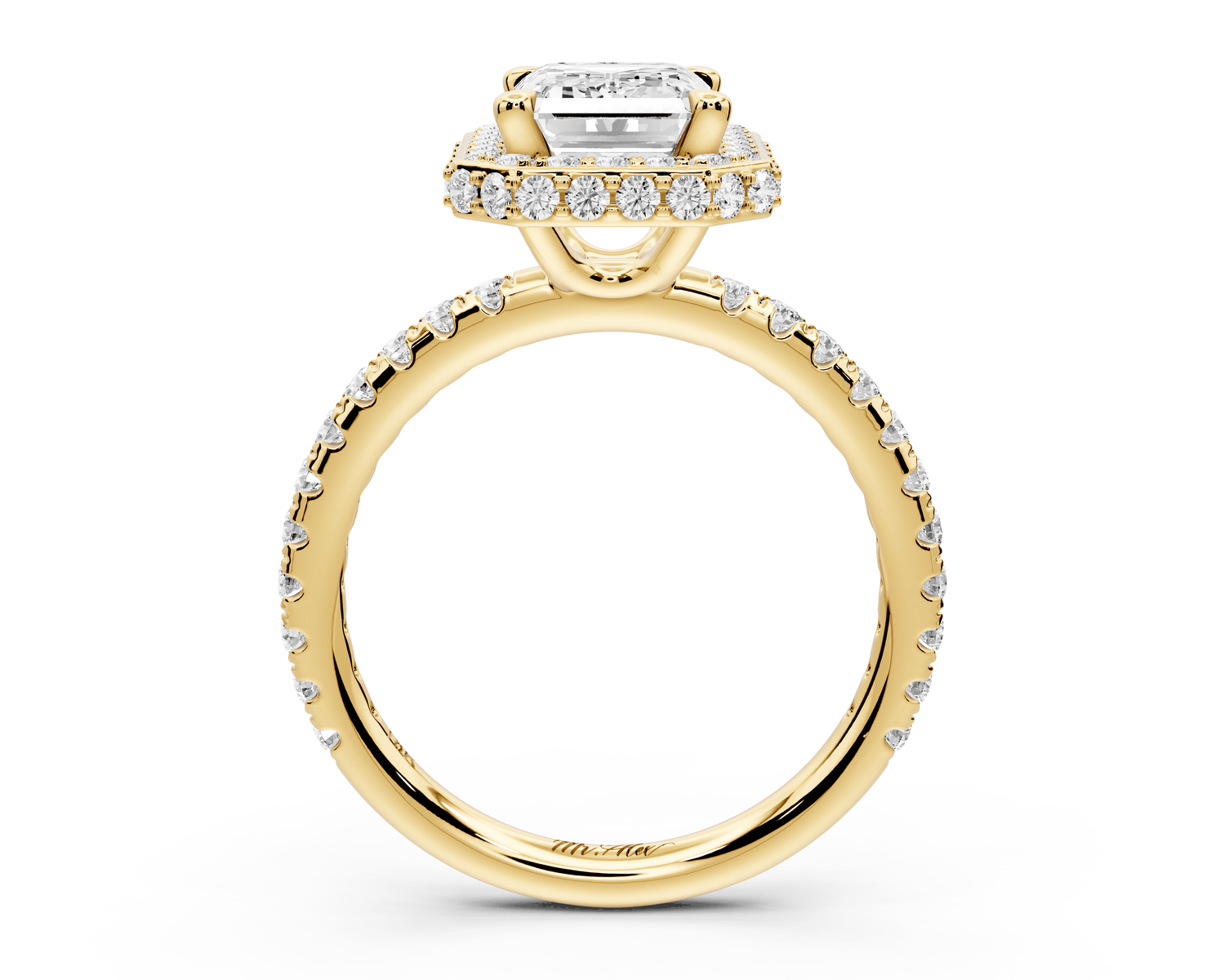 Amelie - 2ct 18k yellow gold emerald Diamond with Rollover Halo and Pavé Engagement Ring - Mr. Alex Jewelry