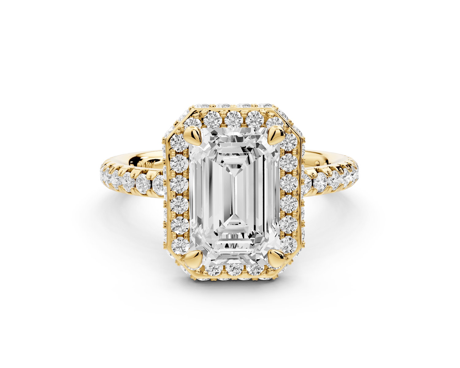 Amelie - 2ct 18k yellow gold emerald Diamond with Rollover Halo and Pavé Engagement Ring - Mr. Alex Jewelry