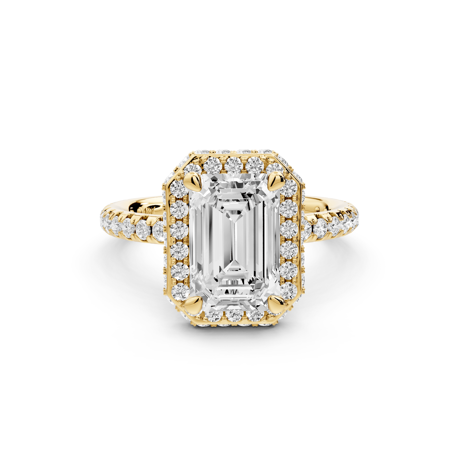 Amelie - 2ct 18k yellow gold emerald Diamond with Rollover Halo and Pavé Engagement Ring - Mr. Alex Jewelry