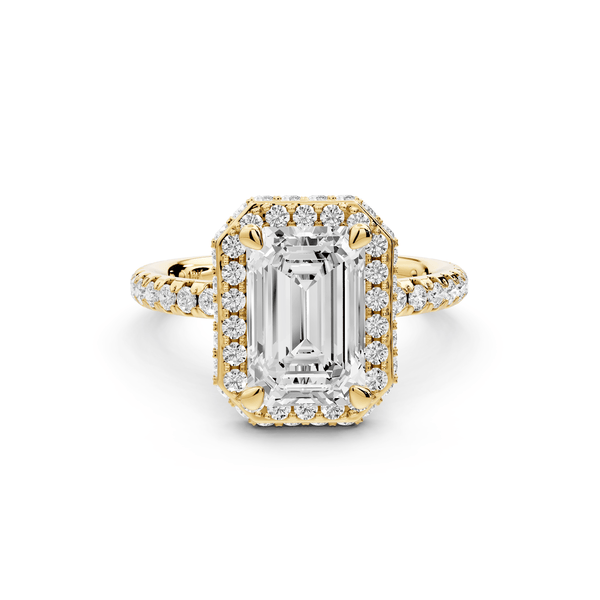 Amelie - 2ct 18k yellow gold emerald Diamond with Rollover Halo and Pavé Engagement Ring - Mr. Alex Jewelry