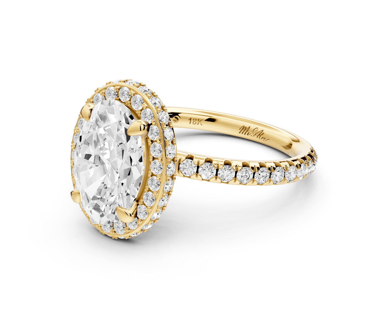 Amelie - 2ct 18k yellow gold oval Diamond with Rollover Halo and Pavé Engagement Ring - Mr. Alex Jewelry