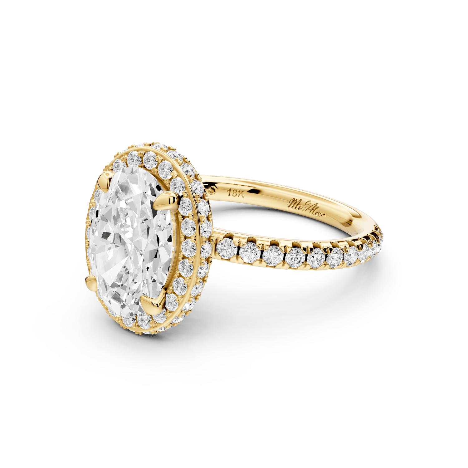 Amelie - 2ct 18k yellow gold oval Diamond with Rollover Halo and Pavé Engagement Ring - Mr. Alex Jewelry