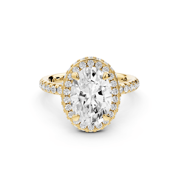 Amelie - 2ct 18k yellow gold oval Diamond with Rollover Halo and Pavé Engagement Ring - Mr. Alex Jewelry