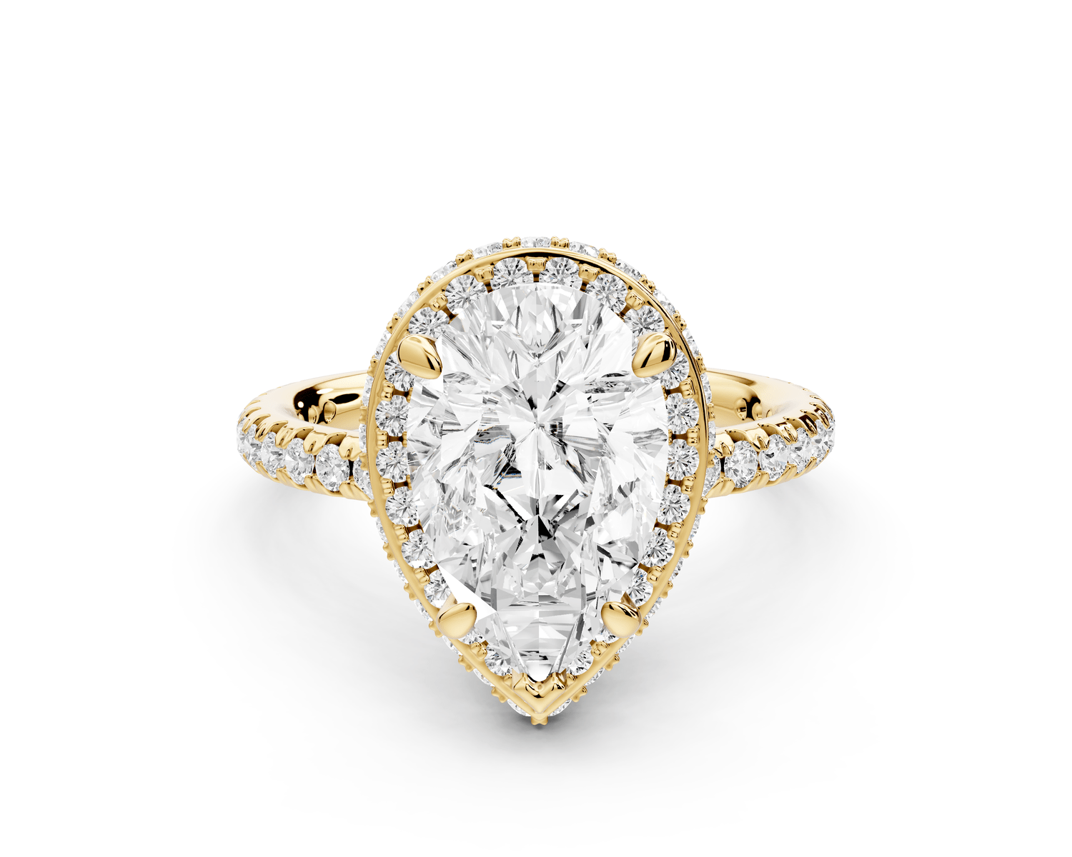 Amelie - 2ct 18k yellow gold pear Diamond with Rollover Halo and Pavé Engagement Ring - Mr. Alex Jewelry