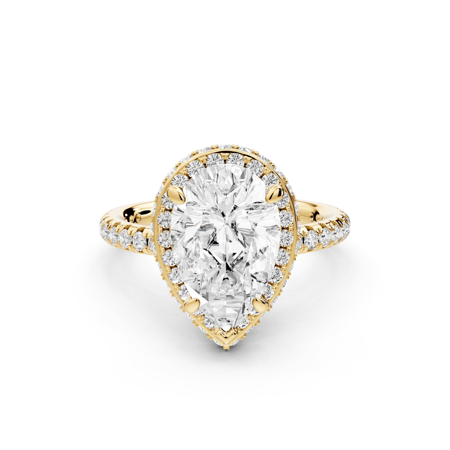 Amelie - 2ct 18k yellow gold pear Diamond with Rollover Halo and Pavé Engagement Ring - Mr. Alex Jewelry