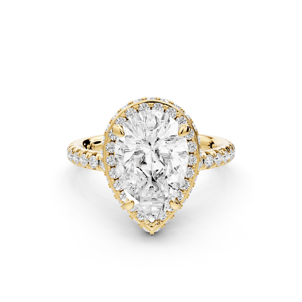Amelie - 2ct 18k yellow gold pear Diamond with Rollover Halo and Pavé Engagement Ring - Mr. Alex Jewelry