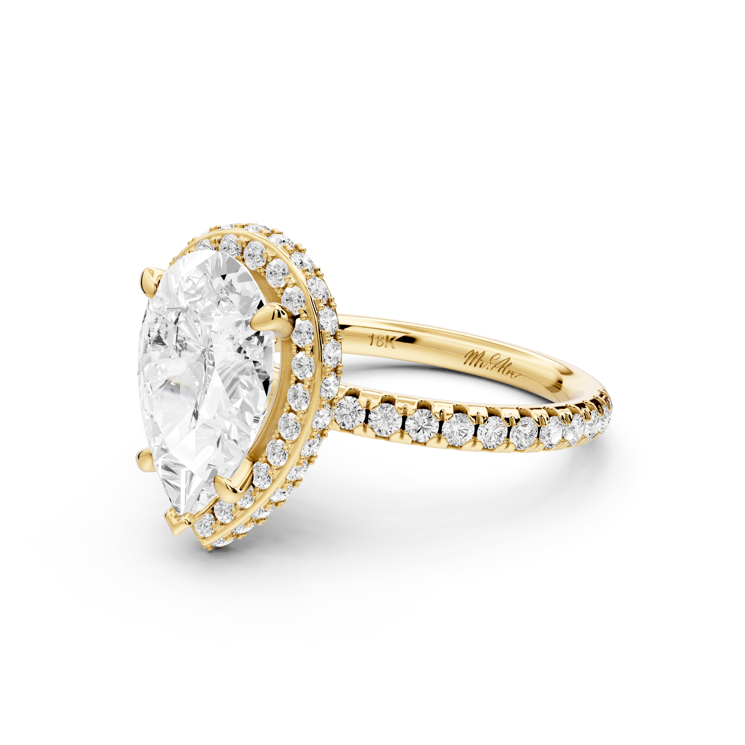 Amelie - 2ct 18k yellow gold pear Diamond with Rollover Halo and Pavé Engagement Ring - Mr. Alex Jewelry