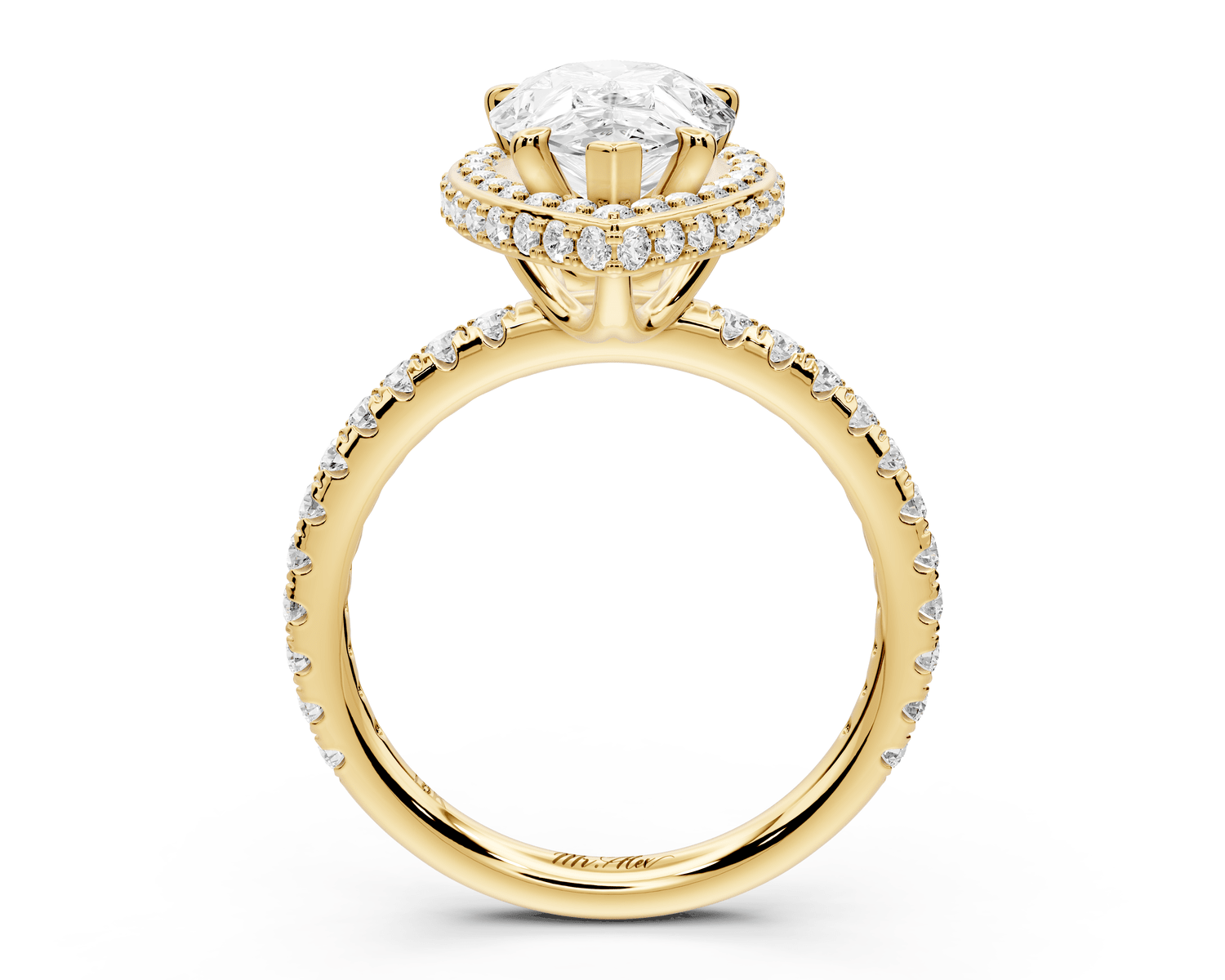 Amelie - 2ct 18k yellow gold pear Diamond with Rollover Halo and Pavé Engagement Ring - Mr. Alex Jewelry