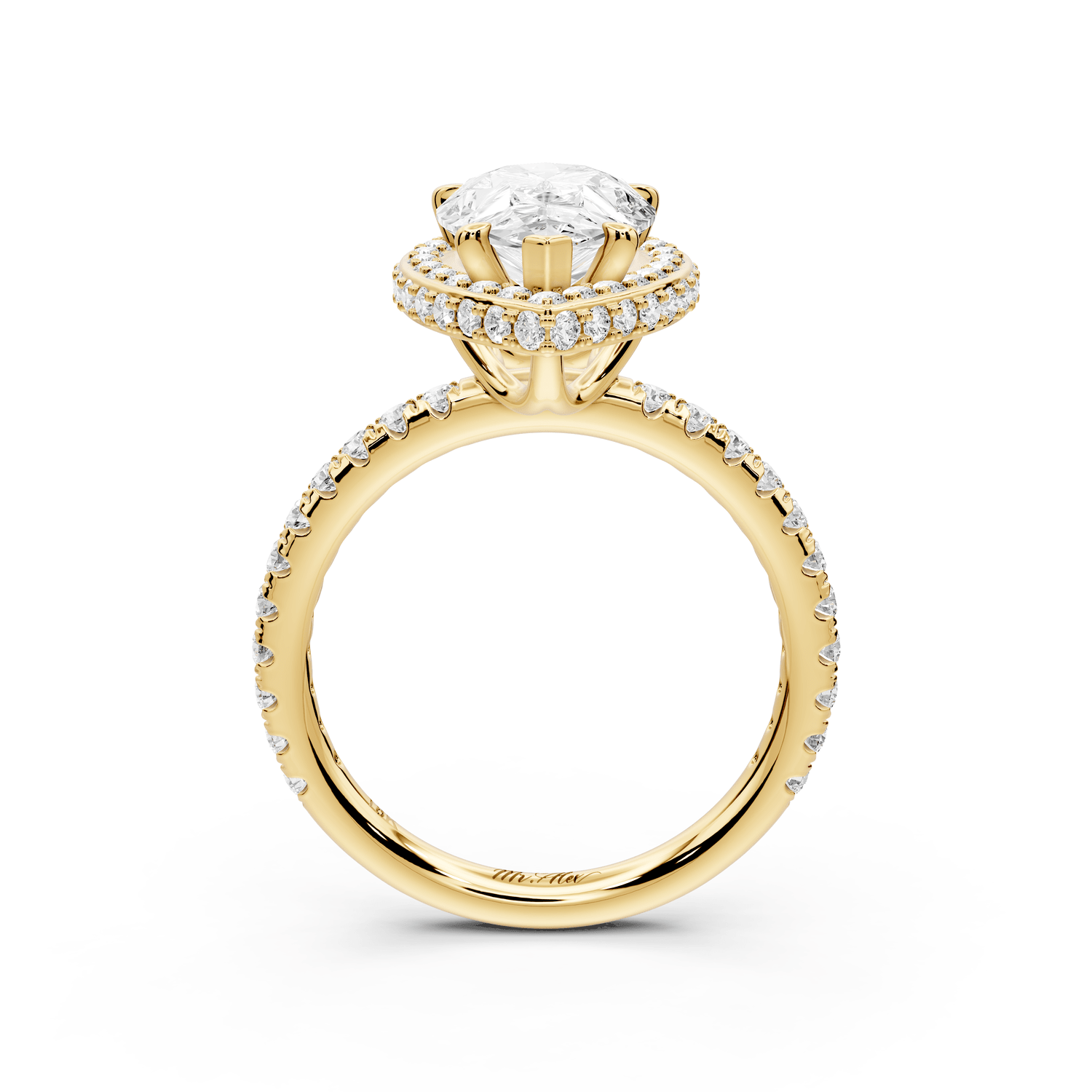 Amelie - 2ct 18k yellow gold pear Diamond with Rollover Halo and Pavé Engagement Ring - Mr. Alex Jewelry