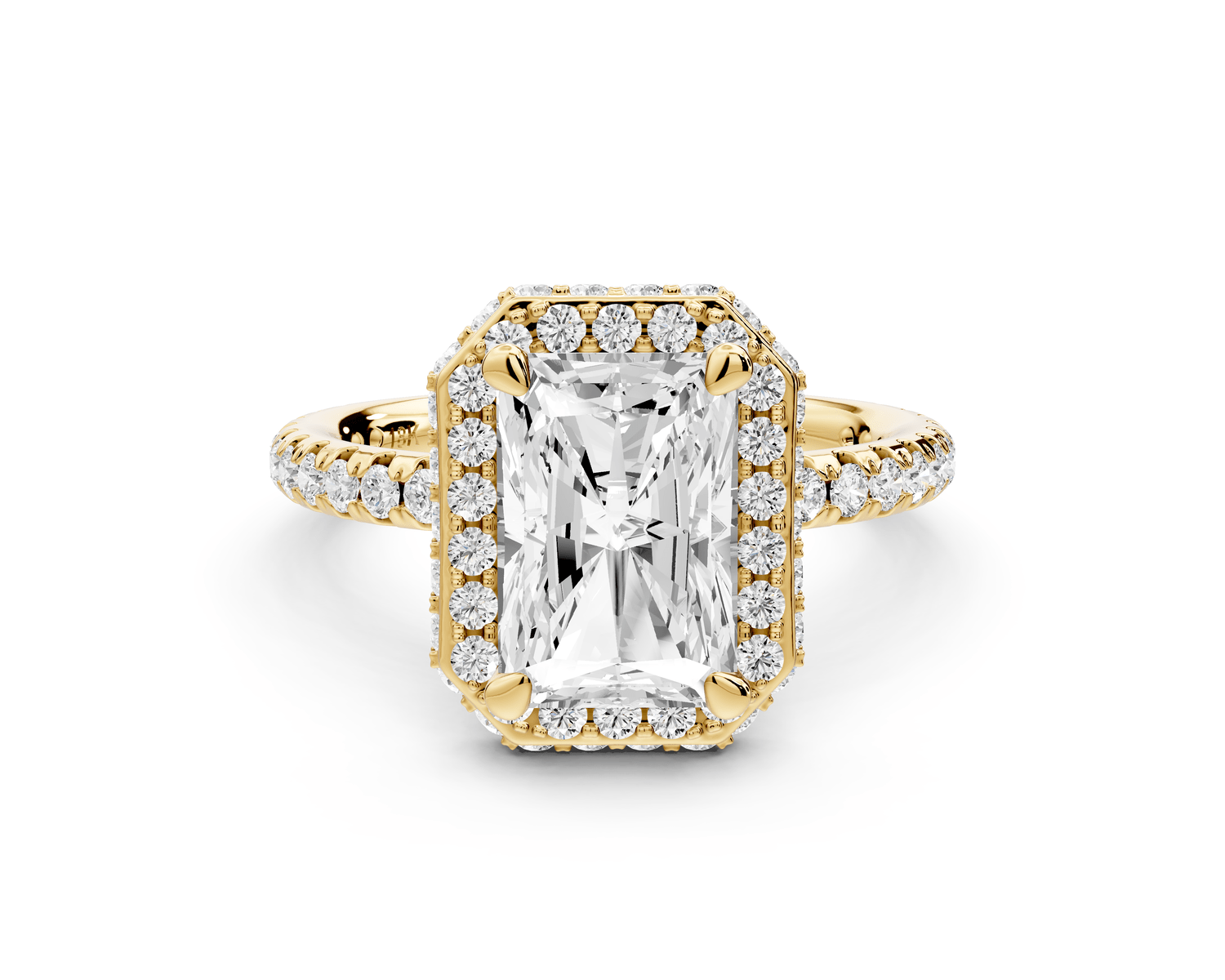 Amelie - 2ct 18k yellow gold radiant Diamond with Rollover Halo and Pavé engagement Ring - Mr. Alex Jewelry