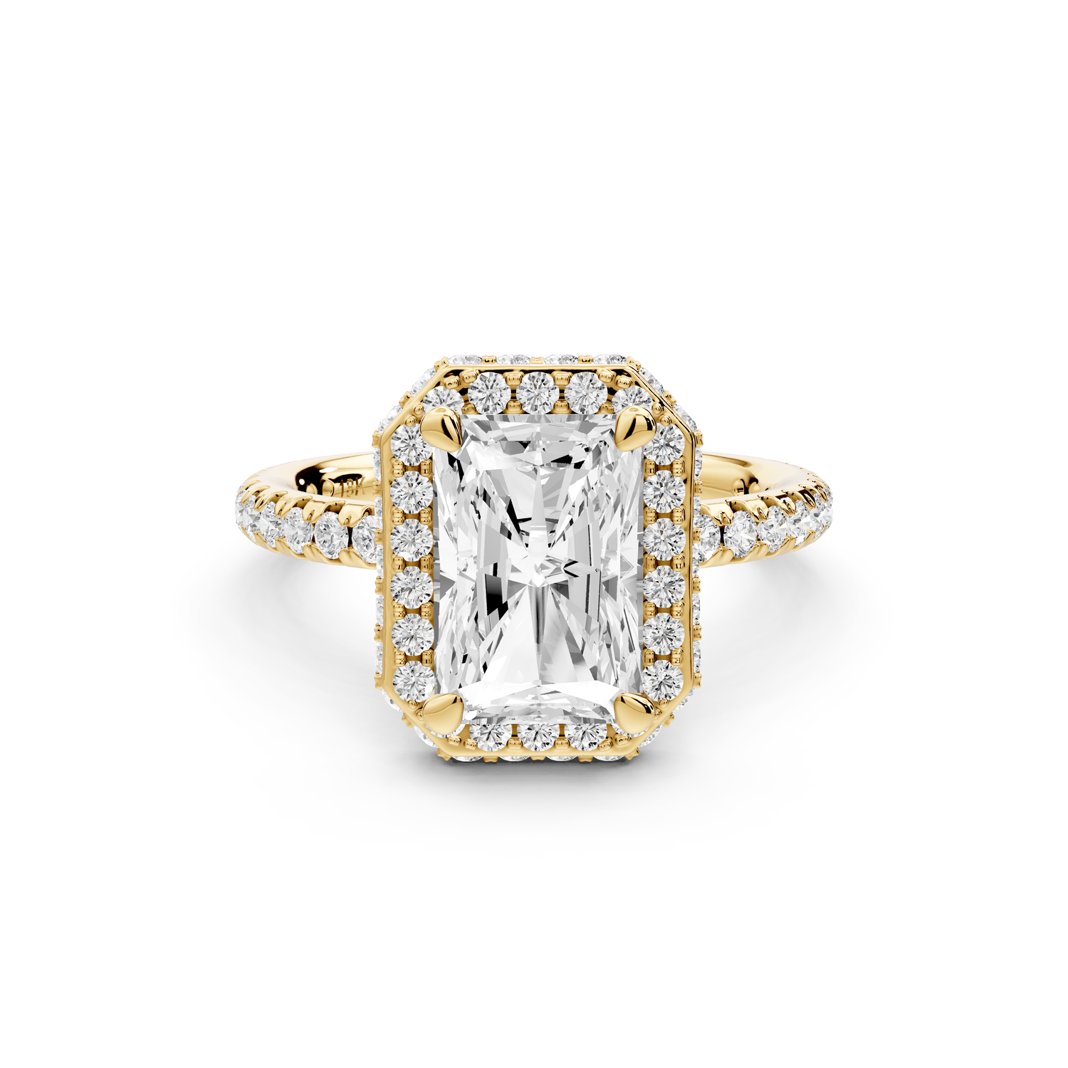 Amelie - 2ct 18k yellow gold radiant Diamond with Rollover Halo and Pavé engagement Ring - Mr. Alex Jewelry
