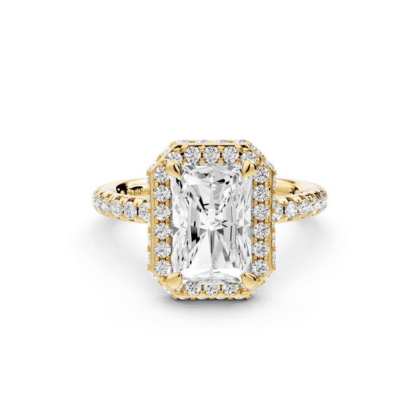Amelie - 2ct 18k yellow gold radiant Diamond with Rollover Halo and Pavé engagement Ring - Mr. Alex Jewelry