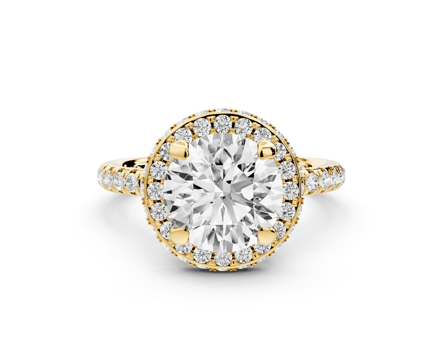 Amelie - 2ct 18k yellow gold round Diamond with Rollover Halo and Pavé Engagment Ring - Mr. Alex Jewelry