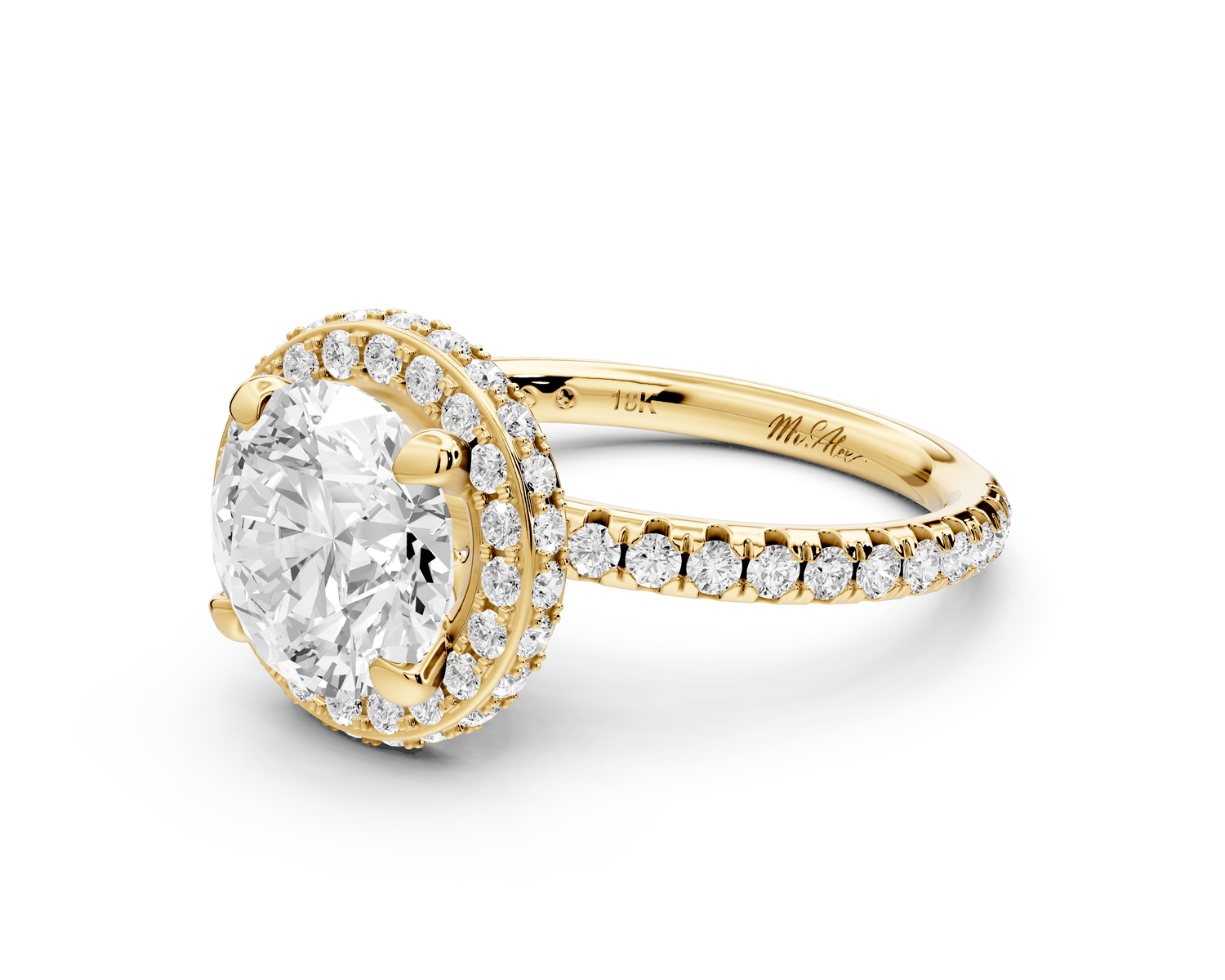 Amelie - 2ct 18k yellow gold round Diamond with Rollover Halo and Pavé Engagment Ring - Mr. Alex Jewelry