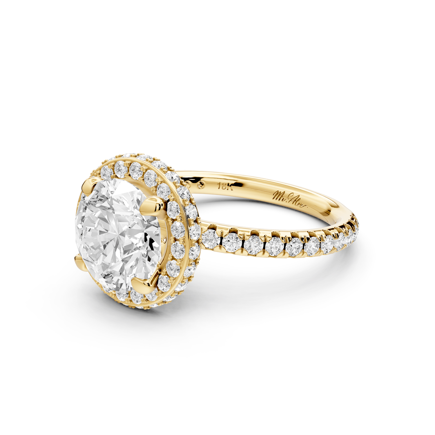 Amelie - 2ct 18k yellow gold round Diamond with Rollover Halo and Pavé Engagment Ring - Mr. Alex Jewelry