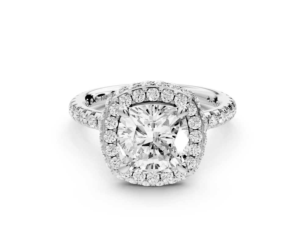 Amelie - 2ct platinum cushion Diamond with Rollover Halo and Pavé engagement Ring - Mr. Alex Jewelry