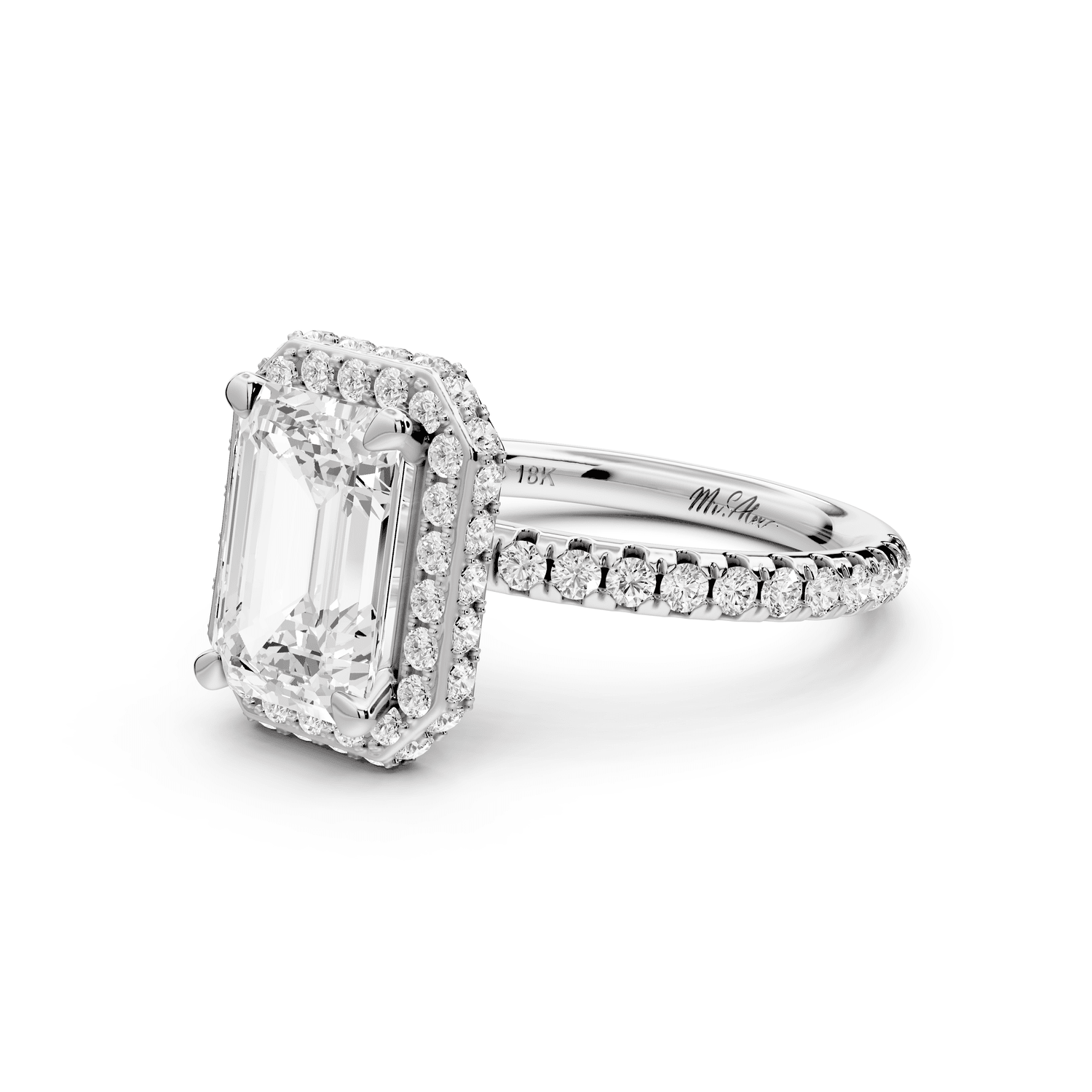 Amelie - 2ct platinum emerald Diamond with Rollover Halo and Pavé Engagement Ring - Mr. Alex Jewelry