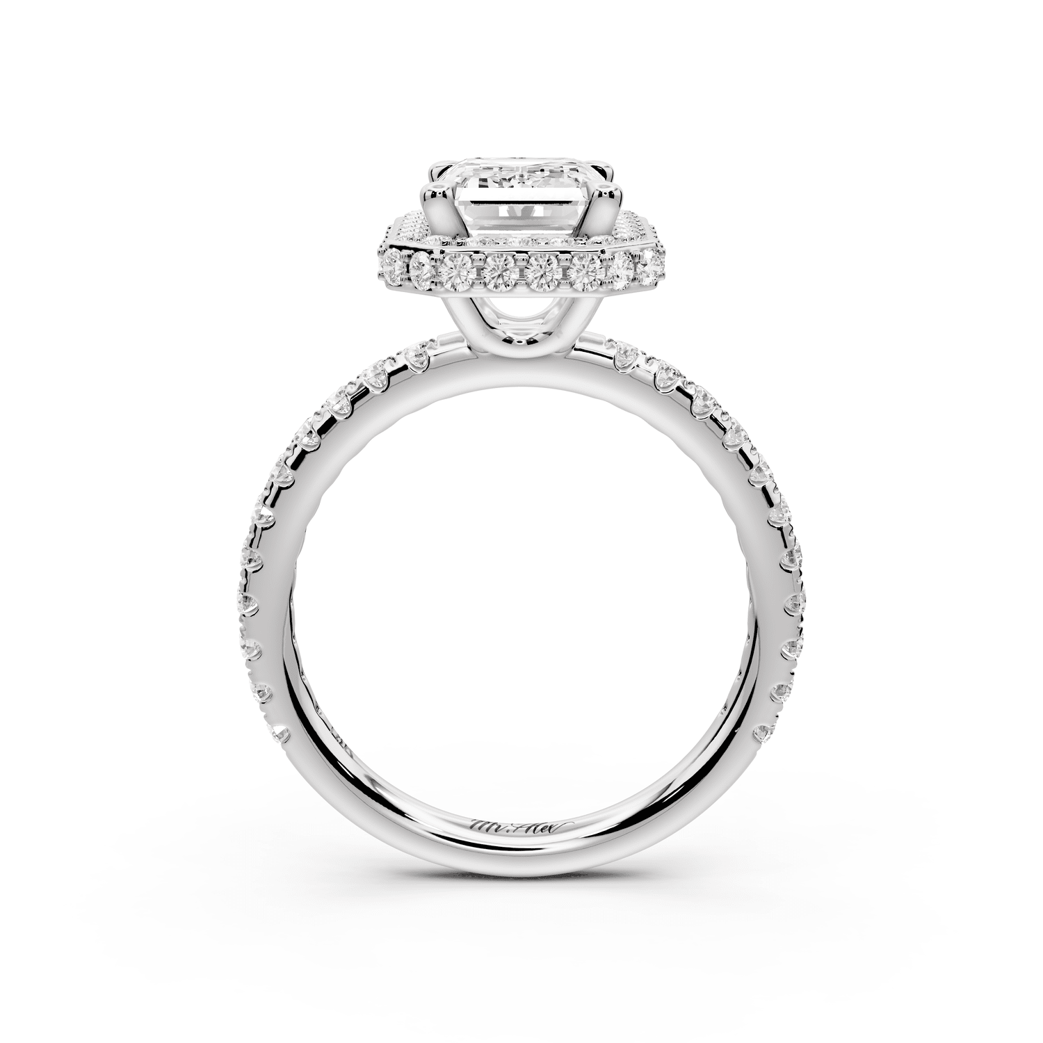 Amelie - 2ct platinum emerald Diamond with Rollover Halo and Pavé Engagement Ring - Mr. Alex Jewelry