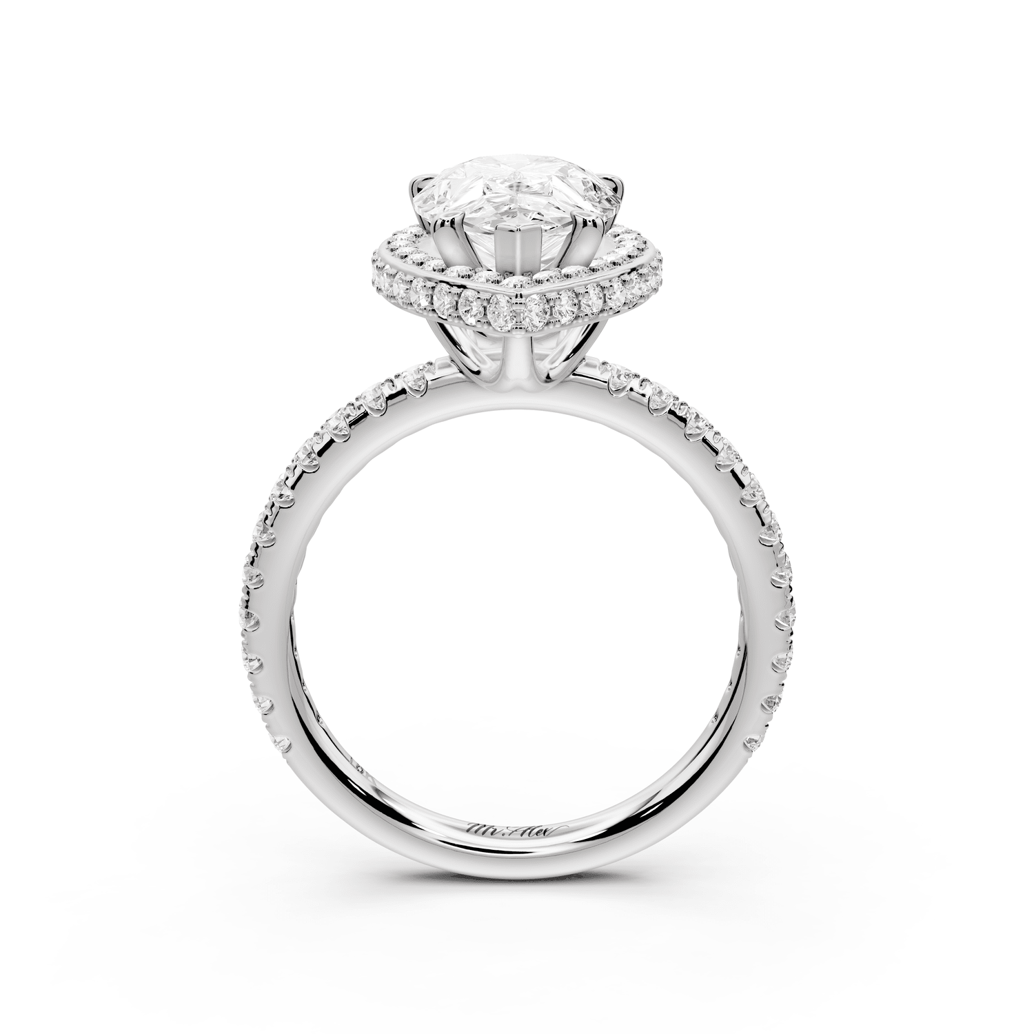 Amelie - 2ct platinum pear Diamond with Rollover Halo and Pavé Engagement Ring - Mr. Alex Jewelry