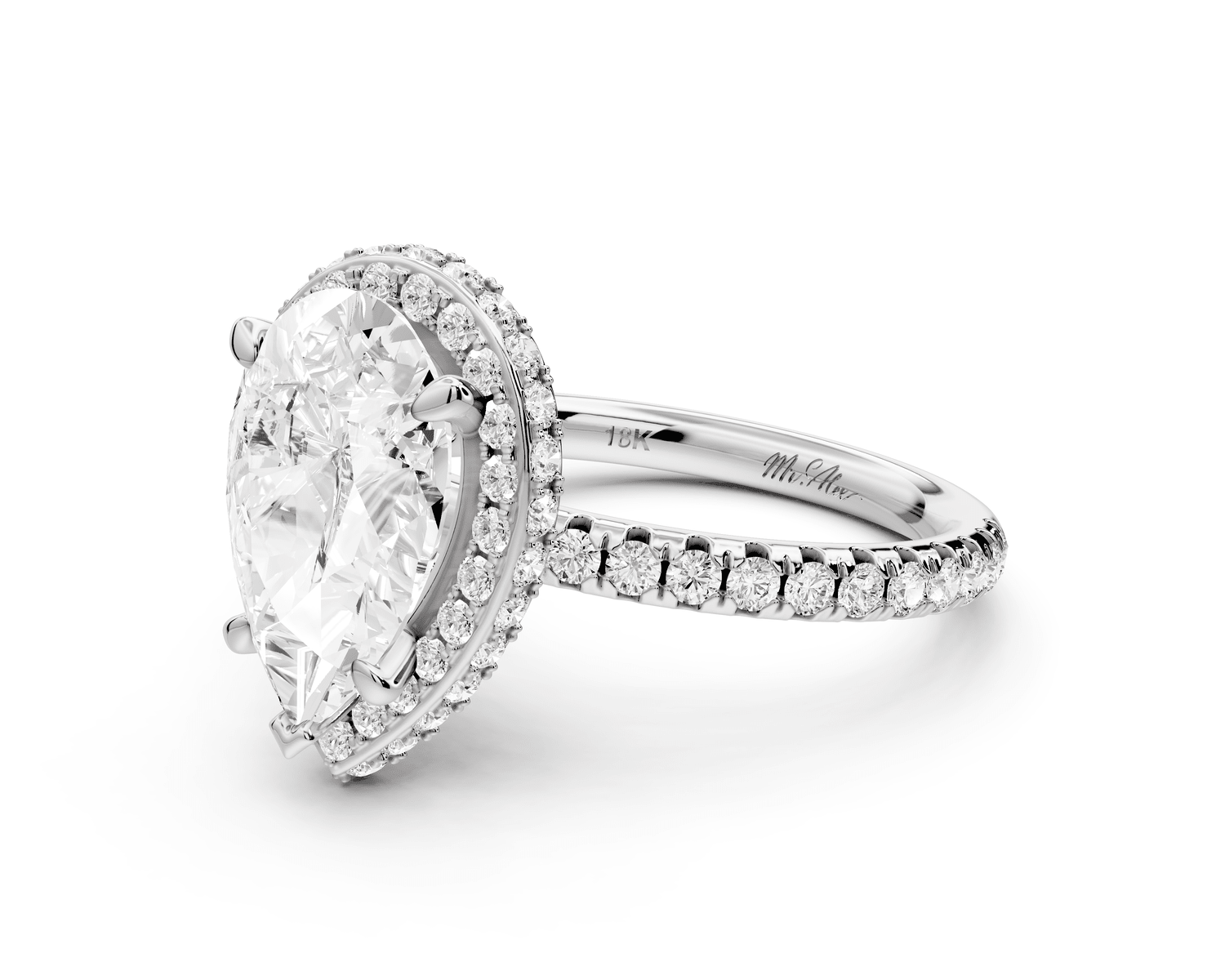 Amelie - 2ct platinum pear Diamond with Rollover Halo and Pavé Engagement Ring - Mr. Alex Jewelry