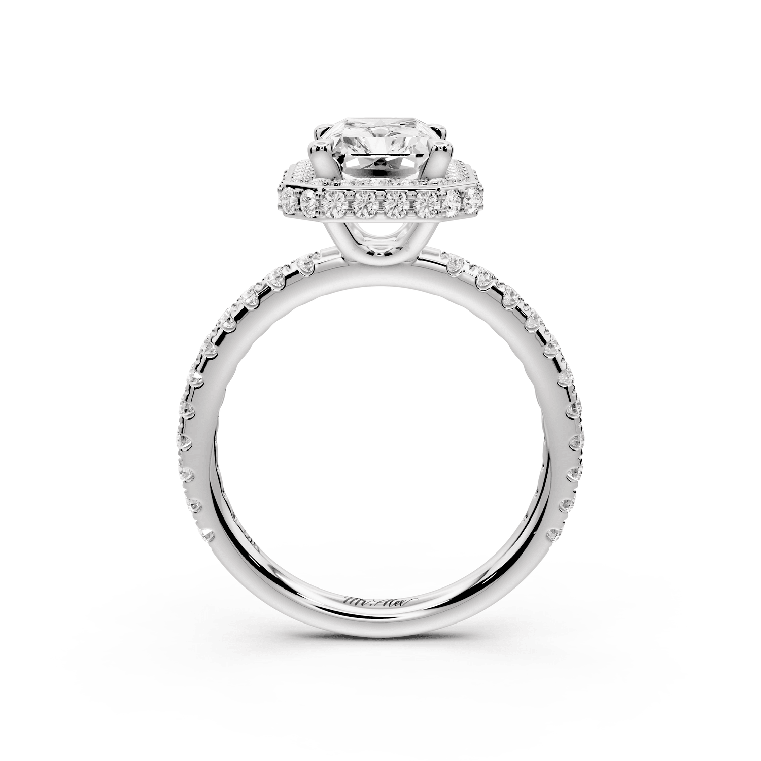 Amelie - 2ct platinum radiant Diamond with Rollover Halo and Pavé engagement Ring - Mr. Alex Jewelry