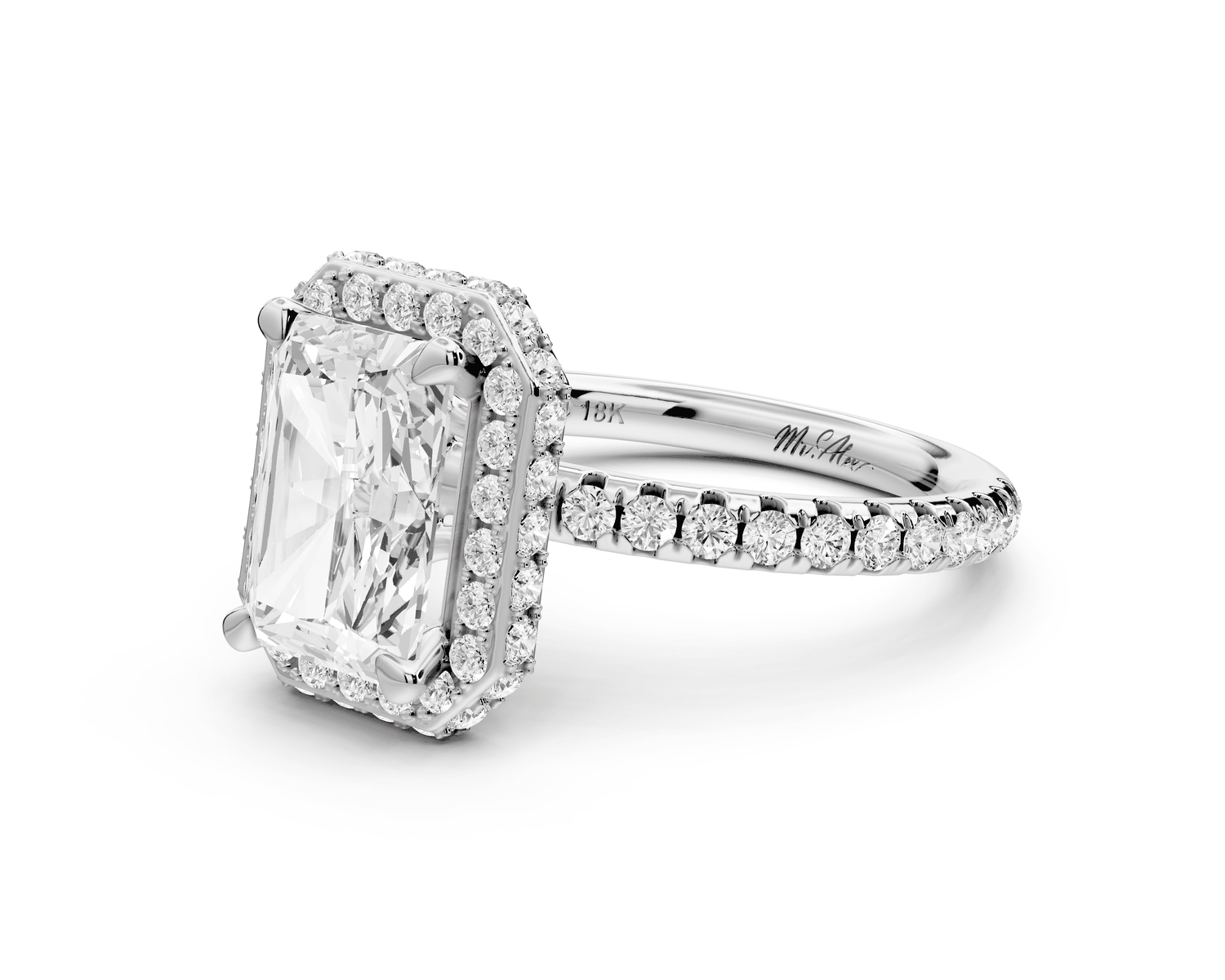 Amelie - 2ct platinum radiant Diamond with Rollover Halo and Pavé engagement Ring - Mr. Alex Jewelry