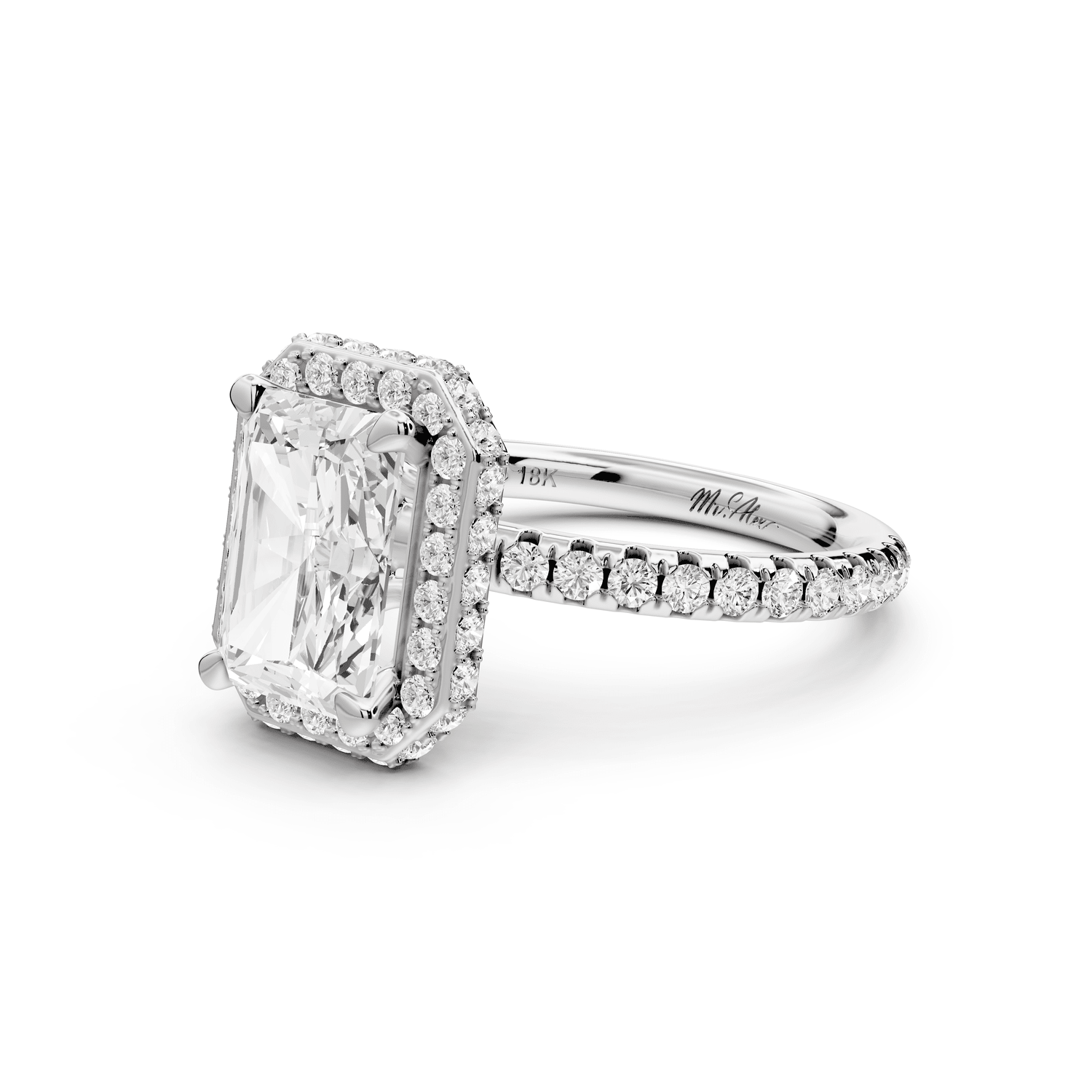 Amelie - 2ct platinum radiant Diamond with Rollover Halo and Pavé engagement Ring - Mr. Alex Jewelry