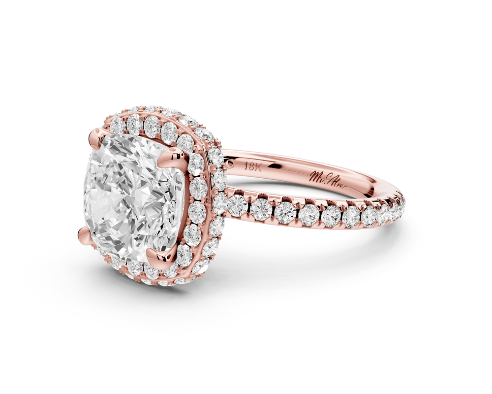 Amelie - 3ct 14k rose gold cushion Diamond with Rollover Halo and Pavé engagement Ring - Mr. Alex Jewelry