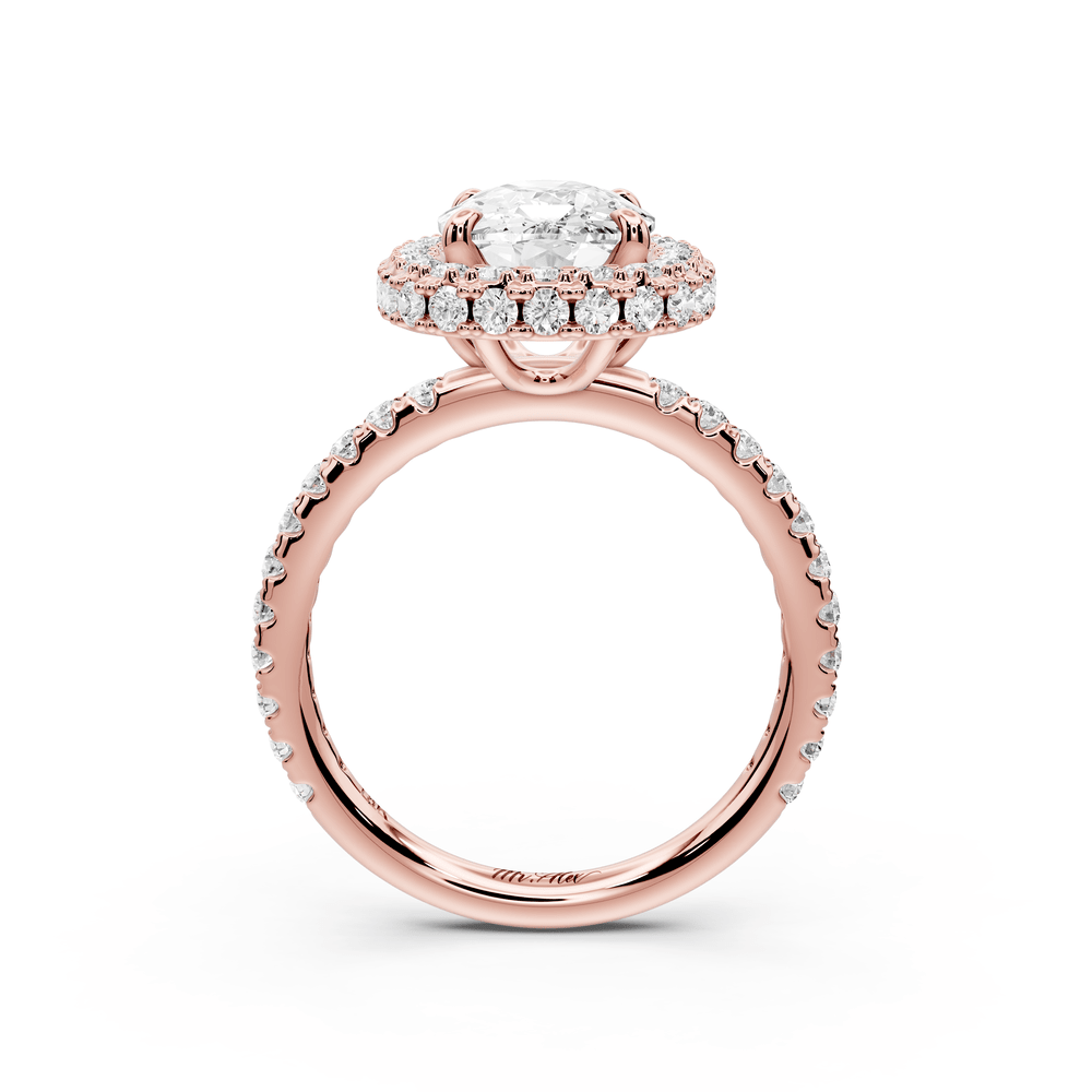 Amelie - 3ct 14k rose gold ecushion Diamond with Rollover Halo and Pavé engagement Ring - Mr. Alex Jewelry