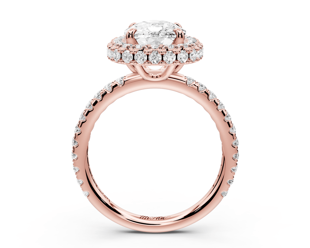 Amelie - 3ct 14k rose gold ecushion Diamond with Rollover Halo and Pavé engagement Ring - Mr. Alex Jewelry