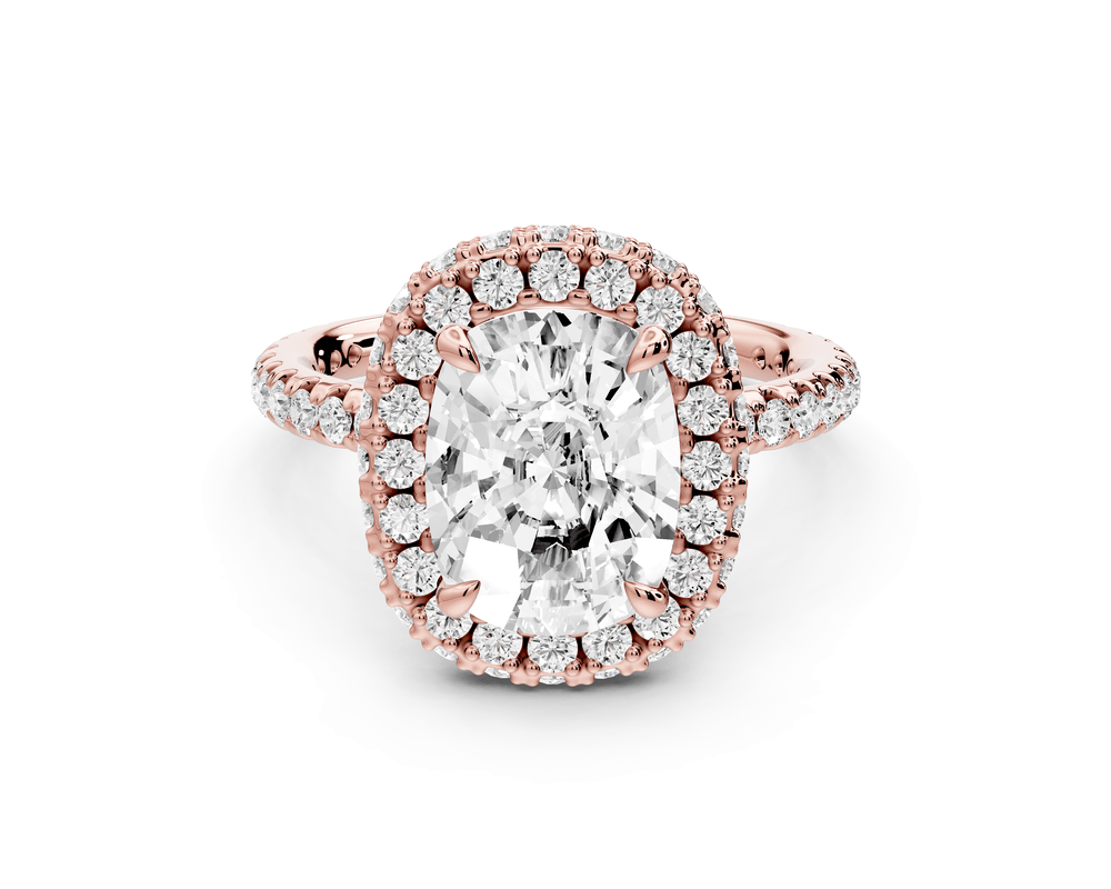 Amelie - 3ct 14k rose gold ecushion Diamond with Rollover Halo and Pavé engagement Ring - Mr. Alex Jewelry