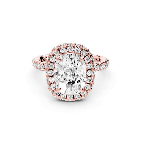 Amelie - 3ct 14k rose gold ecushion Diamond with Rollover Halo and Pavé engagement Ring - Mr. Alex Jewelry