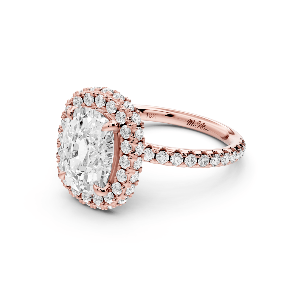 Amelie - 3ct 14k rose gold ecushion Diamond with Rollover Halo and Pavé engagement Ring - Mr. Alex Jewelry