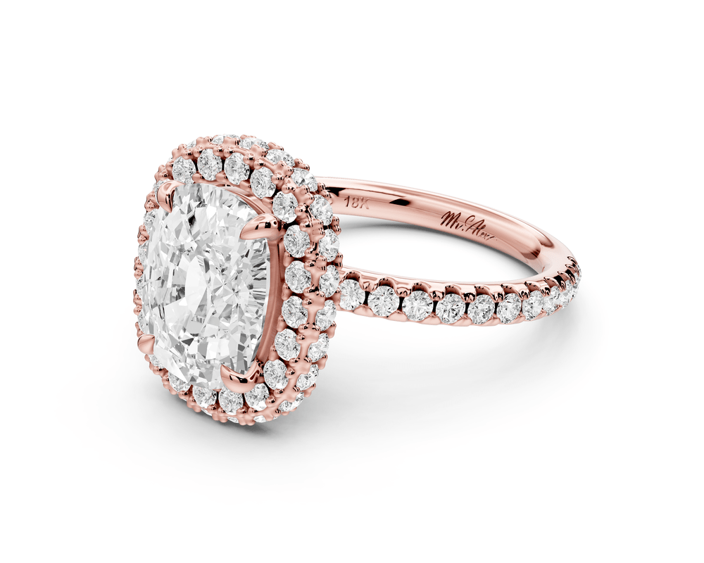 Amelie - 3ct 14k rose gold ecushion Diamond with Rollover Halo and Pavé engagement Ring - Mr. Alex Jewelry
