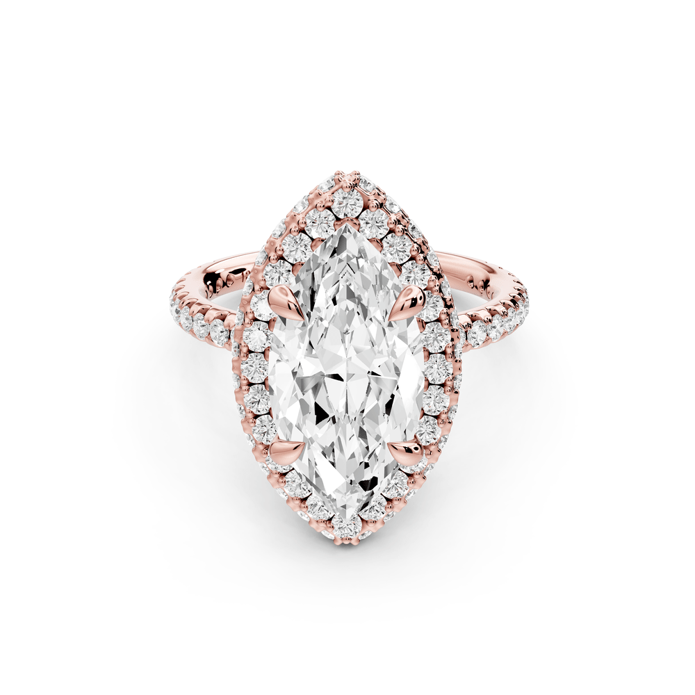 Amelie - 3ct 14k rose gold marquise Diamond with Rollover Halo and Pavé engagement Ring - Mr. Alex Jewelry