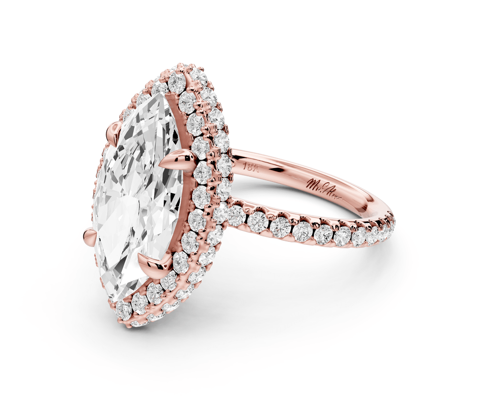 Amelie - 3ct 14k rose gold marquise Diamond with Rollover Halo and Pavé engagement Ring - Mr. Alex Jewelry