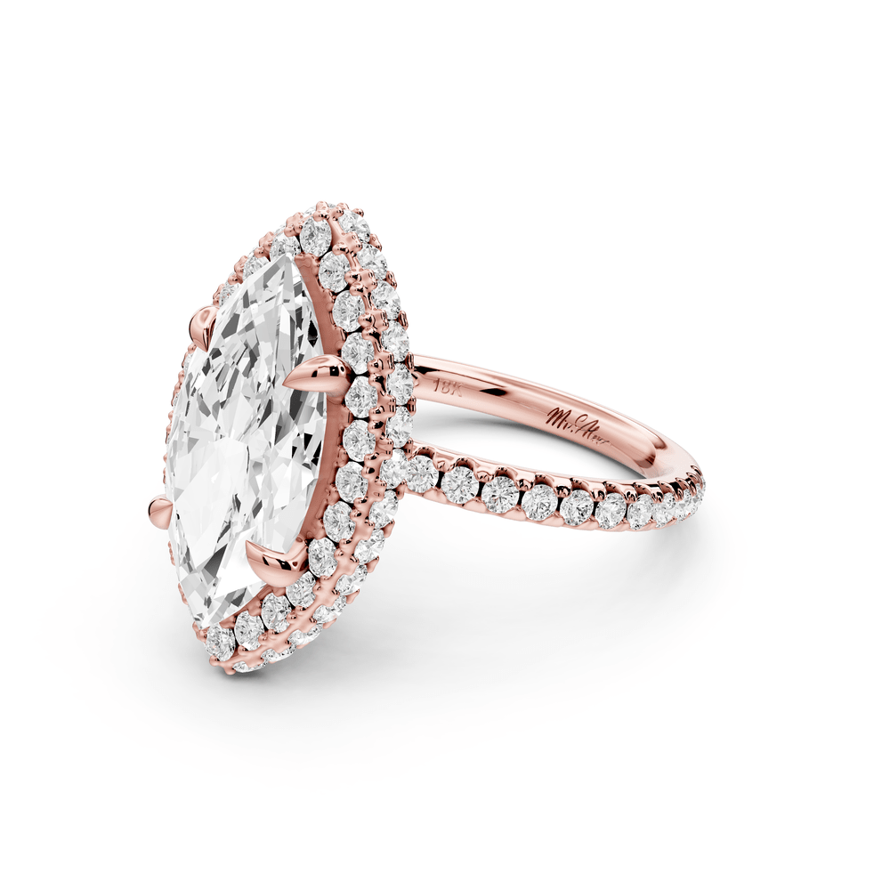 Amelie - 3ct 14k rose gold marquise Diamond with Rollover Halo and Pavé engagement Ring - Mr. Alex Jewelry