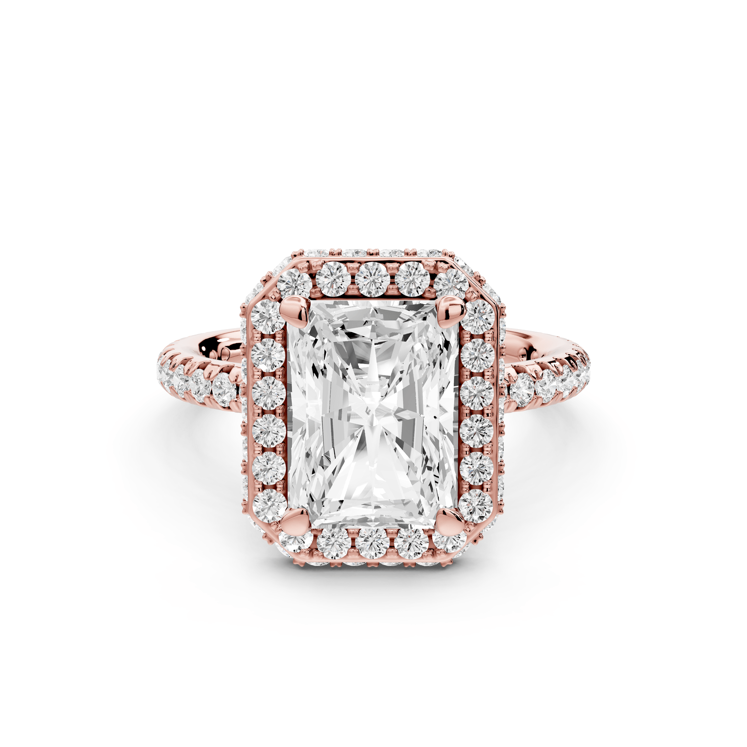 Amelie - 3ct 14k rose gold radiant Diamond with Rollover Halo and Pavé engagement Ring - Mr. Alex Jewelry