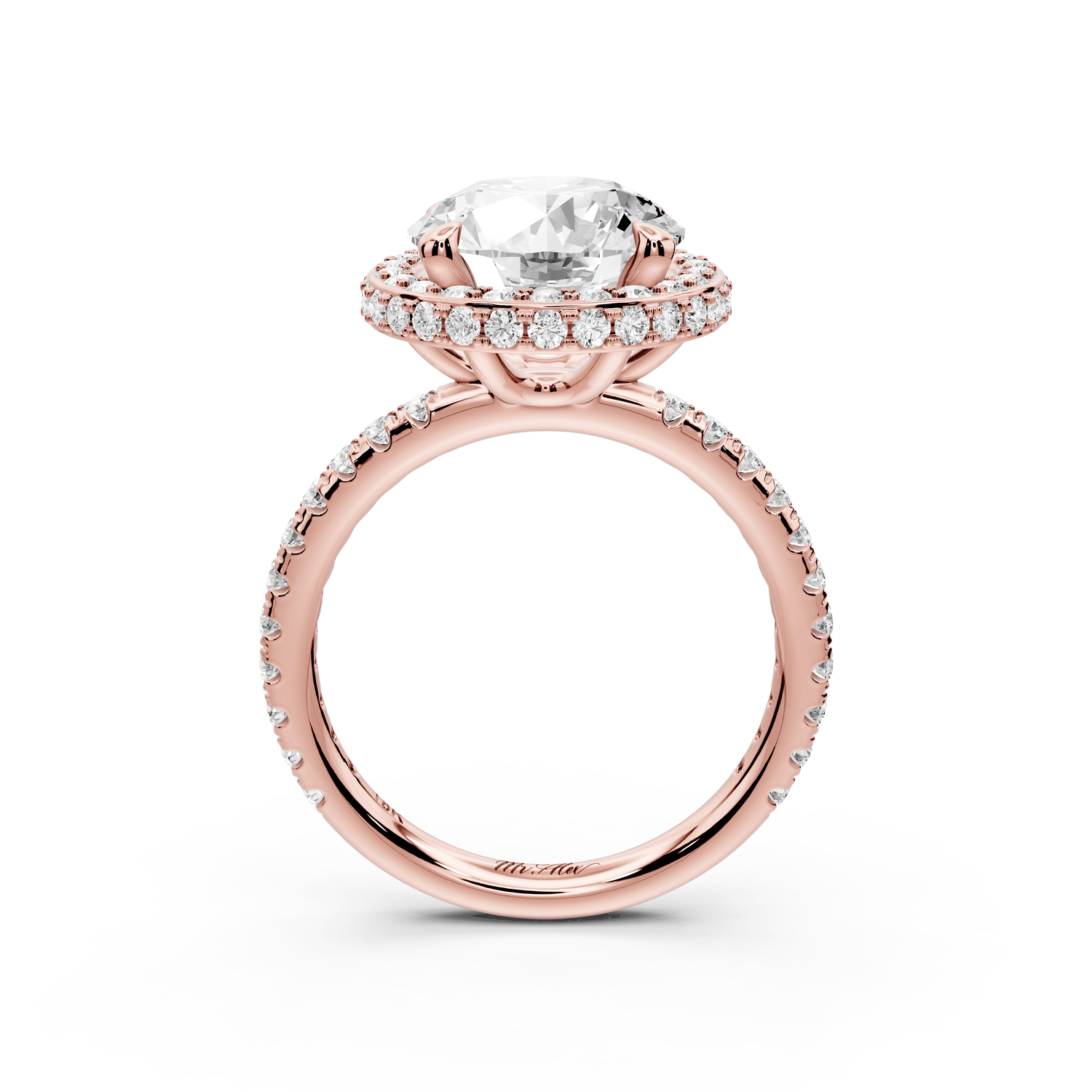Amelie - 3ct 14k rose gold round Diamond with Rollover Halo and Pavé Engagment Ring - Mr. Alex Jewelry